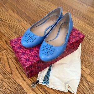 Tory Burch Ballet Flats, blue, size 8.5. Worn and in fair condition
